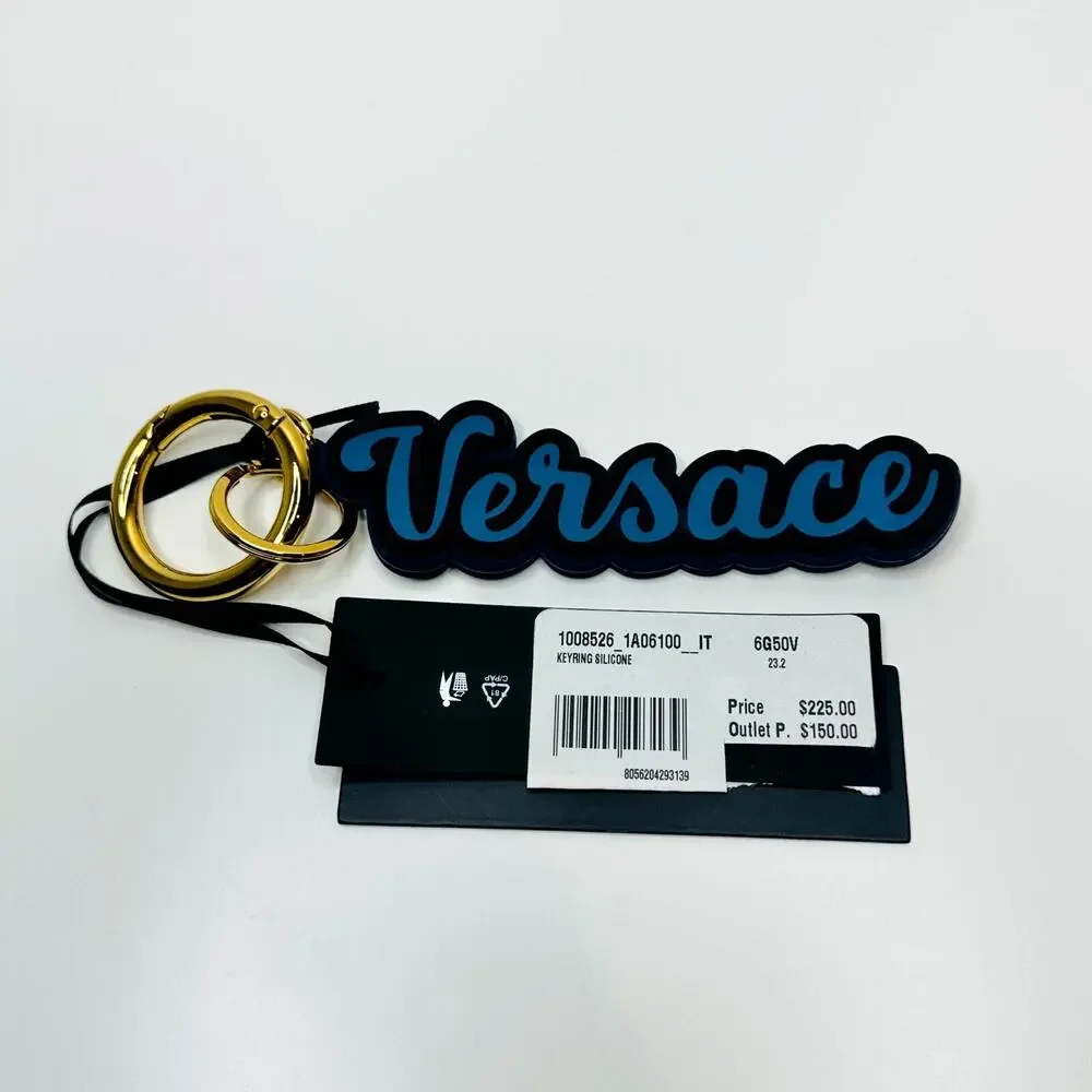 Versace Unisex Key Ring Gold Round Blue Silicone Charm Logo Key Chain NWT $225